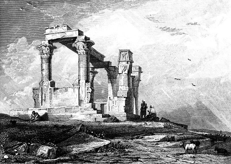古卡拉布沙(Talmis)原址的Qertassi亭，埃及，由Augustus Wall Callcott绘制-奥斯曼帝国19世纪